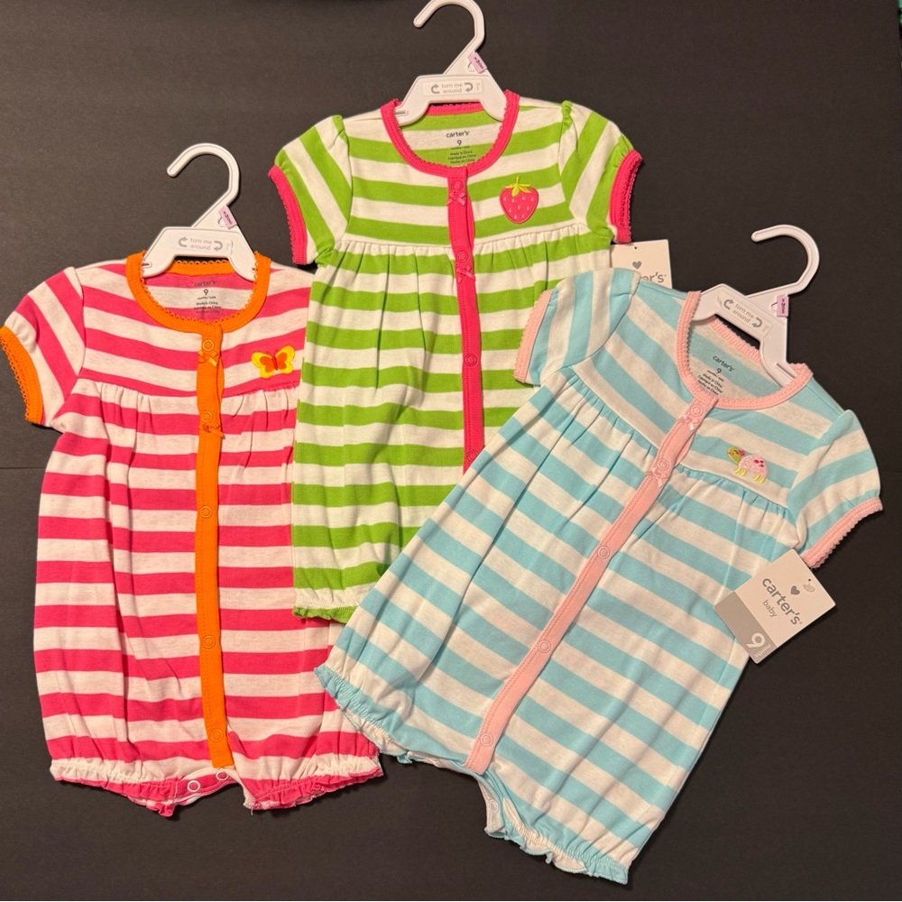 NWT Carter's Striped Baby Romper Trio - Pink, Green, Blue. NEW 9 months lot